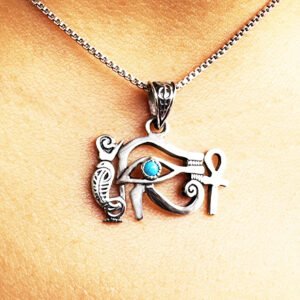 Ojo de Horus, con cobra, ankh, piedra turquesa en plata.